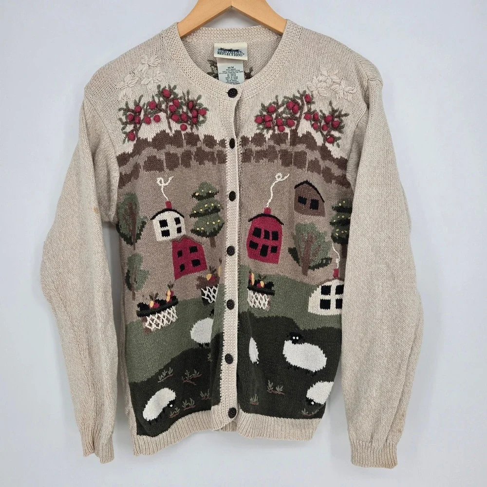 Vtg 90s Cottagecore Farm Sheep Cardigan Sweater Womens M Fall Autumn Rustic